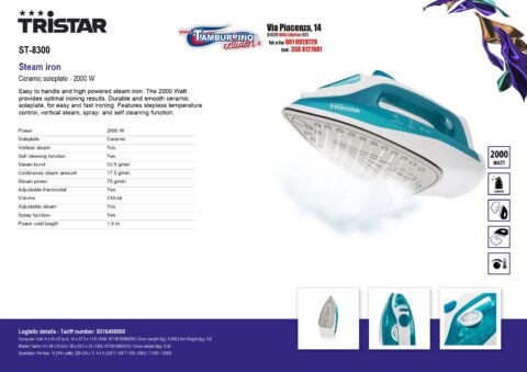 Tristar Ferro da Stiro a Vapore ST-8300 Capacità 0.21 Litri Potenza 2000 Watt Colore Azzurro